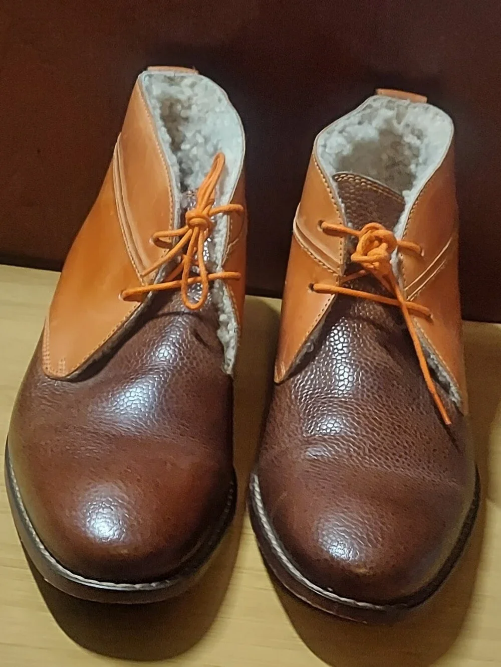 COLE HAAN ROADLOTS C10401 MEN'S BROWN & ORANGE LEATHER FAUX FUR BOOTS SIZE 8.5M